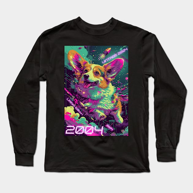 Vintage 2004 - 20 Year Old Funny Cyberpunk Corgi Dog 20th Birthday Gift Long Sleeve T-Shirt by Ai Wanderer